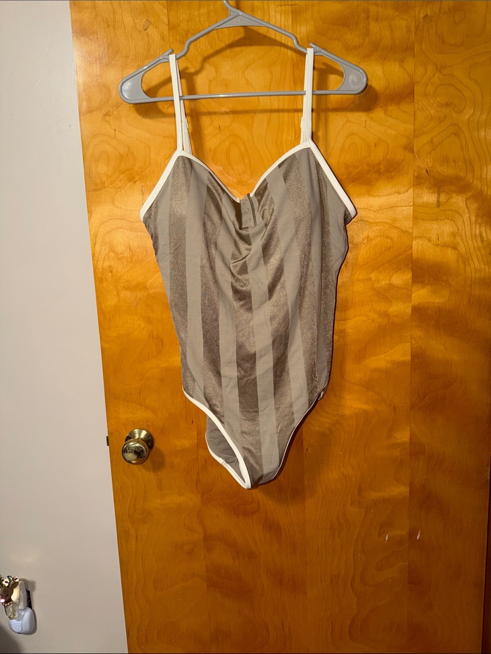 aerie Gray Striped One-Piece Swimsuit with White Trim